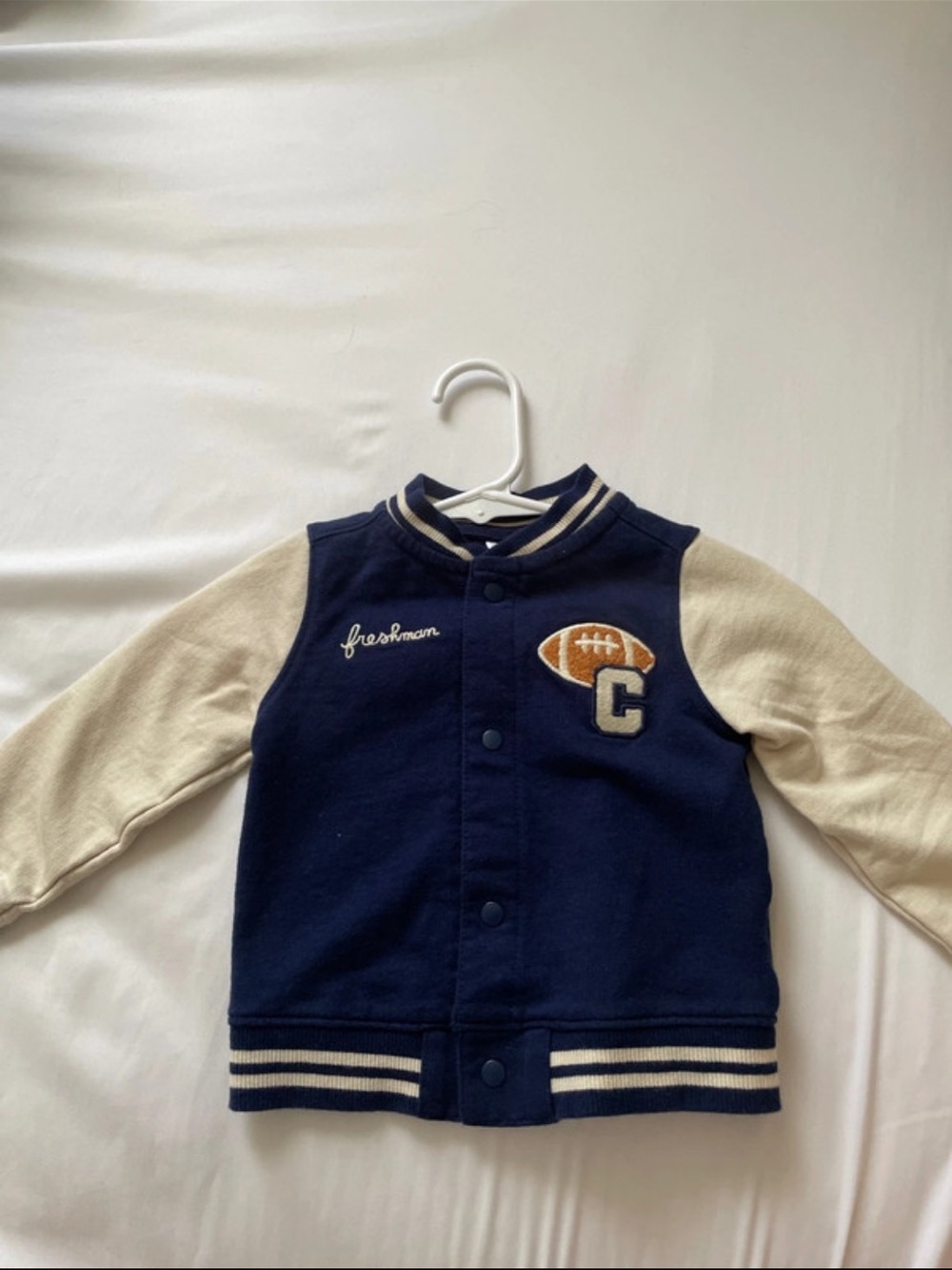 Navy & Cream Kids Varsity Jacket with Football Patch